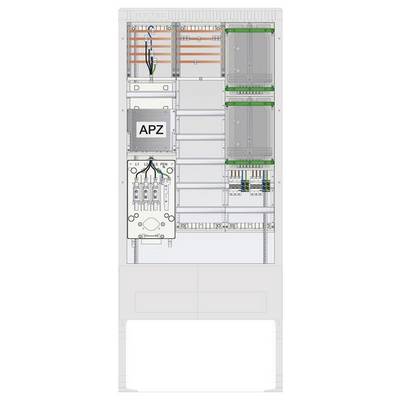 Obraz panelu elektrycznego z oznaczonymi elementami, w tym przewodami, wyłącznikami automatycznymi i sekcją oznaczoną jako APZ. Widoczny układ wewnętrzny.