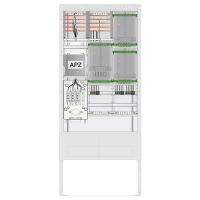 Rysunek techniczny elektrycznej tablicy sterowniczej oznaczonej jako 'APZ', przedstawiający różne komponenty i połączenia przewodów.