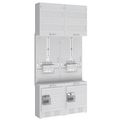Rozdzielnia elektryczna z wieloma wyłącznikami nadmiarowoprądowymi i przedziałami, zaprojektowana do dystrybucji energii elektrycznej w budynku.