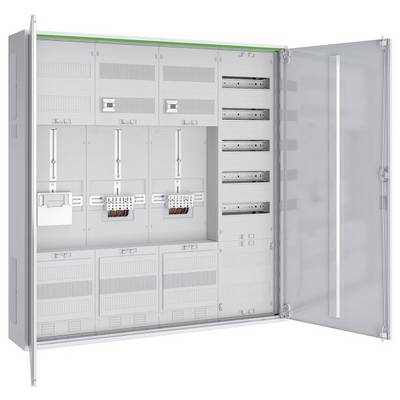 Otwarta szafa elektryczna ukazująca różne panele, przełączniki i wolne gniazda do instalacji wyposażenia, wskazująca na przestrzeń dla komponentów modułowych.