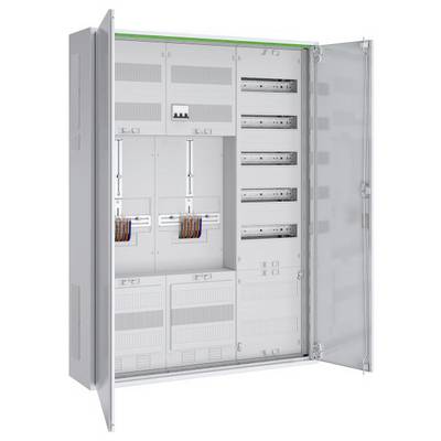 Otwarta rozdzielnia elektryczna przedstawiająca liczne wyłączniki automatyczne i kolorowe przewody, wskazująca dobrze zorganizowany system dystrybucji energii elektrycznej.