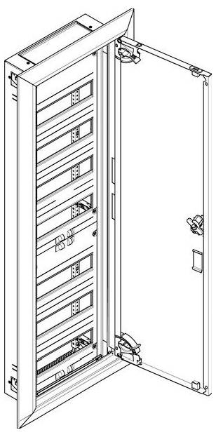 Ilustracja otwartej rozdzielni elektrycznej z wieloma gniazdami wyłączników nadprądowych, szczegół zawiasu pokazujący całkowicie otwarte drzwi po prawej stronie.