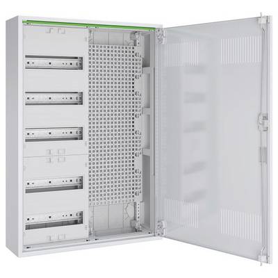 Otwarta elektryczna skrzynka rozdzielcza przedstawiająca wiele pustych rzędów do prowadzenia przewodów i instalacji, z przezroczystą pokrywą na zawiasach po prawej stronie.