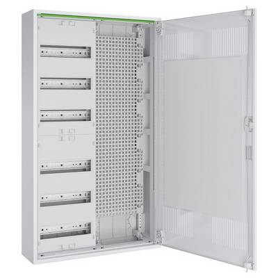 Biała, otwarta szafa elektryczna z wieloma rzędami wyłączników różnicowo-prądowych. Wnętrze zawiera metalowe szyny do organizacji sprzętu.