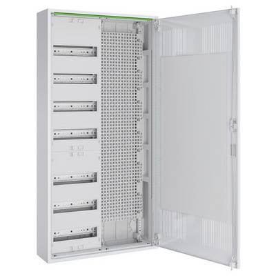 Wysoki, otwarty szafa elektryczna z wieloma pustymi slotami i perforowanym panelem wewnątrz, przeznaczona do zabudowy komponentów elektronicznych.