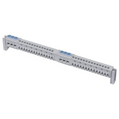 Szara, montowana w szafie rack płyta połączeniowa sieci z wieloma portami Ethernet i przejrzystym oznakowaniem, przeznaczona do zarządzania kablami i zapewnienia łączności.