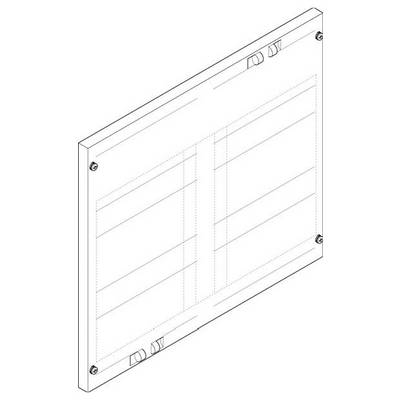Izometryczny diagram prostokątnego panelu płaskiego z widocznymi liniami siatki, szczegółami śrub w narożnikach oraz dwoma elementami przypominającymi zawiasy na górnej krawędzi.