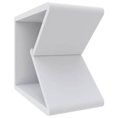 Nowoczesny, minimalistyczny biały stolik boczny z unikalnym wzorem zygzaka, posiadający otwartą przestrzeń magazynową pośrodku.