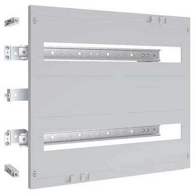 'Metalowy panel montażowy z dwoma poziomymi listwami, stosowany w instalacjach elektrycznych, wyposażony w uchwyty po obu stronach do pewnego mocowania.'