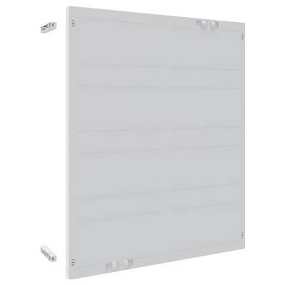 Szara plastikowa płyta z liniami i małymi uchwytami montażowymi na rogach, używana do instalacji lub zabezpieczania sprzętu elektronicznego.