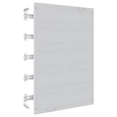Szary panel ścienny z widocznymi uchwytami mocującymi po lewej stronie, stosowany do instalacji lub zamocowania.