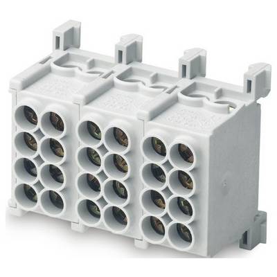 Szary blok złączek elektrycznych z wieloma okrągłymi portami, przeznaczony do zabezpieczania i organizowania połączeń elektrycznych.