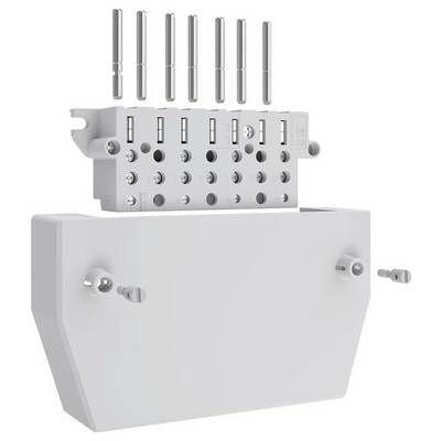 Modularny multi-łącznik z metalową podstawą, pionowymi metalowymi złączami i różnymi portami, prawdopodobnie stosowany w zastosowaniach przemysłowych lub elektrycznych.