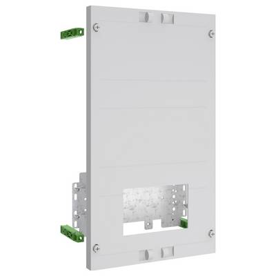 Biały modularny panel naścienny z różnymi gniazdami przyłączeniowymi i zielonymi uchwytami montażowymi. Odpowiedni do instalacji elektrycznych lub sieciowych.