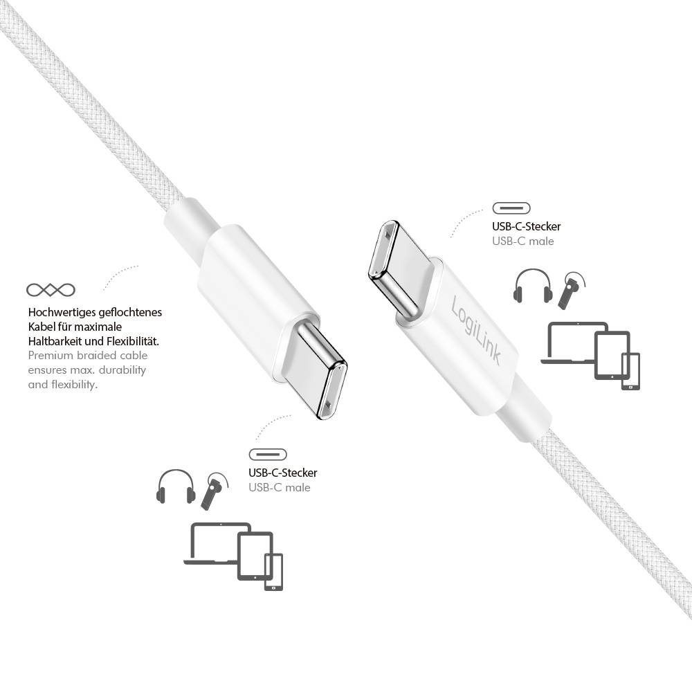 Biały kabel USB-C do USB-C z aluminiowymi złączami, oznaczony napisem 'LogiLink'. Ikony przedstawiają kompatybilność ze słuchawkami, tabletami i laptopami.