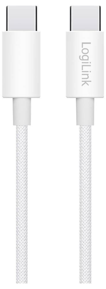 Kabel ładujący USB-C do USB-C firmy LogiLink, z wytrzymałymi złączami i białym sploatanym wzorem.
