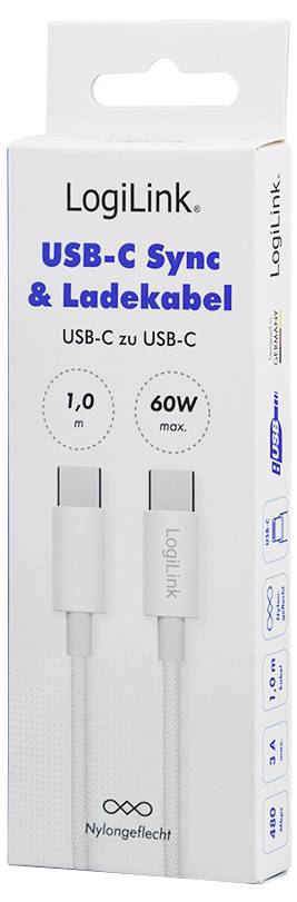 Kabel synchronizujący i ładujący LogiLink USB-C' przewód o długości 1,0 m, USB-C do USB-C, moc maks. 60W, z oplotem nylonowym
