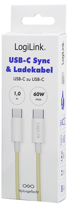 Kabel synchronizacyjny i ładujący LogiLink USB-C o długości 1 metra, z maksymalną mocą ładowania 60W, z oplotem nylonowym.