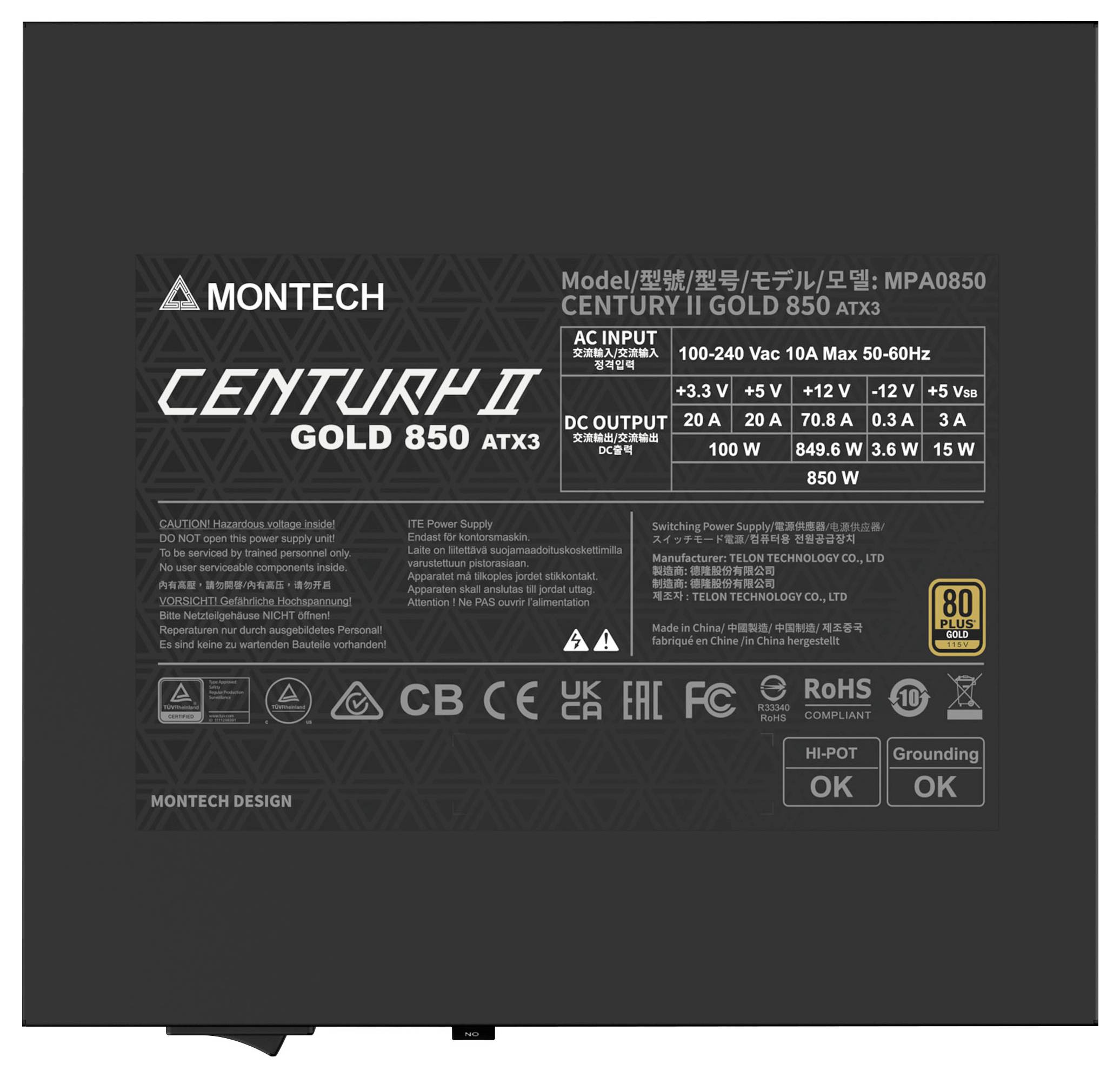 Zasilacz Montech Century II Gold 850W, z widoczną etykietą z numerem modelu, specyfikacją wejścia/wyjścia, certyfikatami oraz certyfikatem efektywności energetycznej 80 Plus Gold.