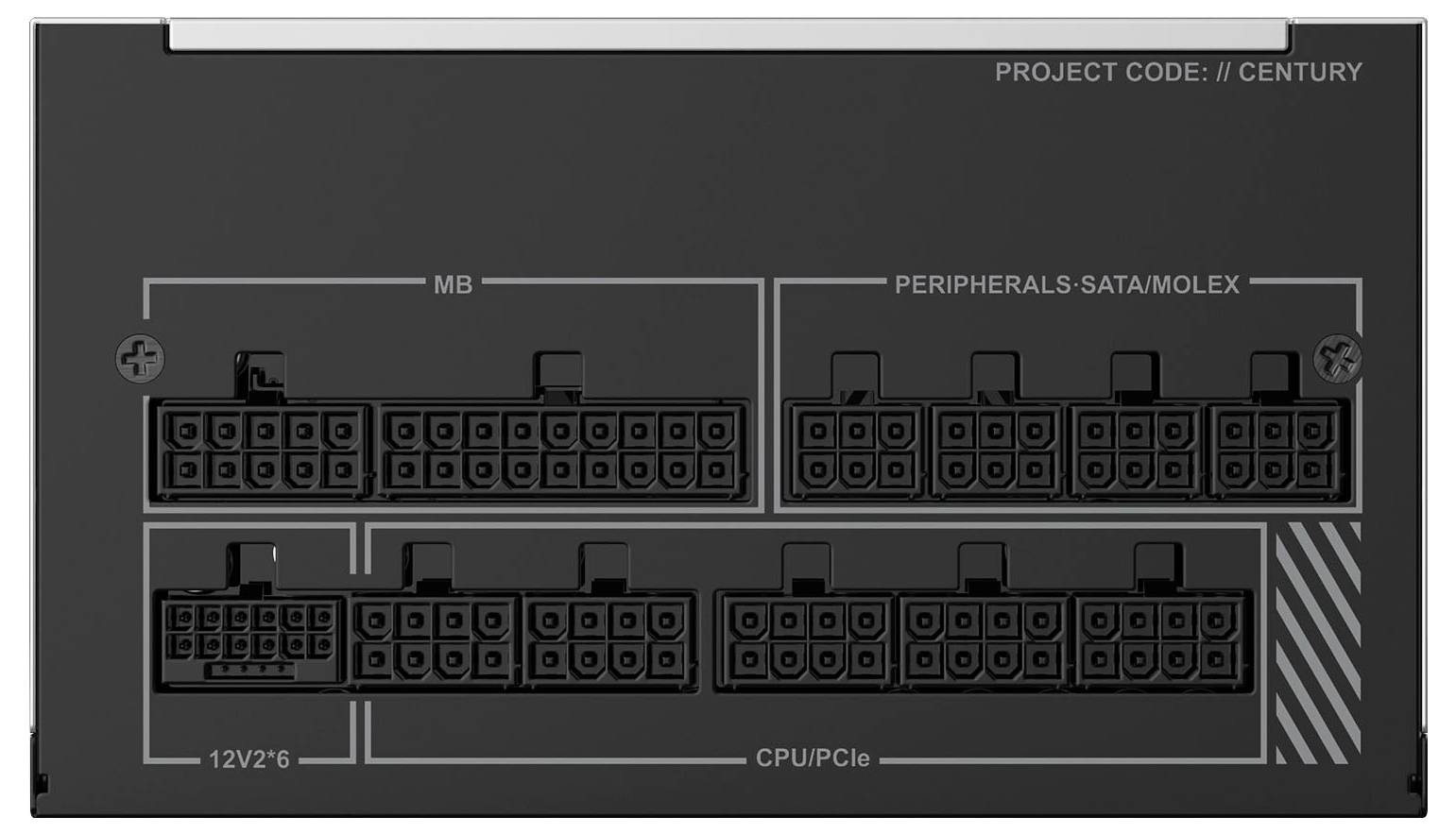 Widok tylnego panelu zasilacza pokazujący oznaczone złącza dla płyty głównej, urządzeń peryferyjnych/SATA/Molex, CPU/PCIe oraz wejść 12V.
