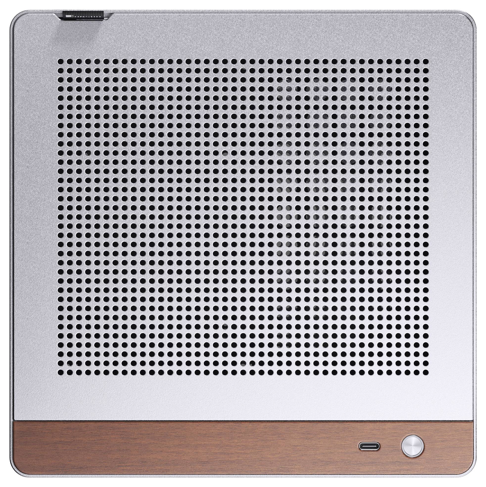 Smukły, nowoczesny głośnik sufitowy z perforowaną metalową kratką i drewnianym akcentem pasowym u dołu.