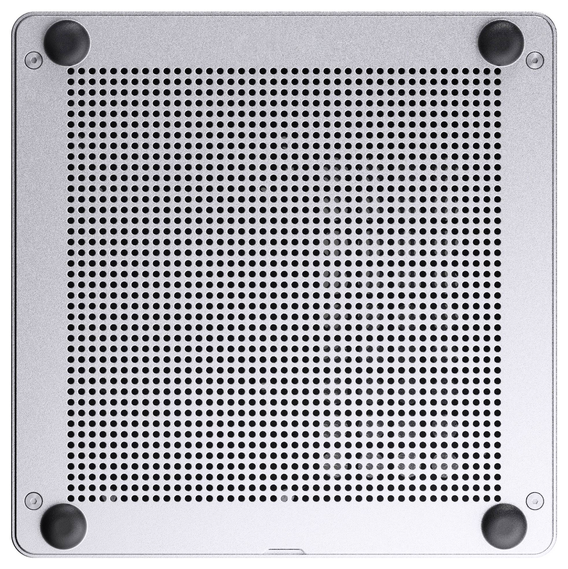 Widok od spodu laptopa z metalową siatką wentylacyjną i czterema okrągłymi gumowymi stopkami w narożnikach.