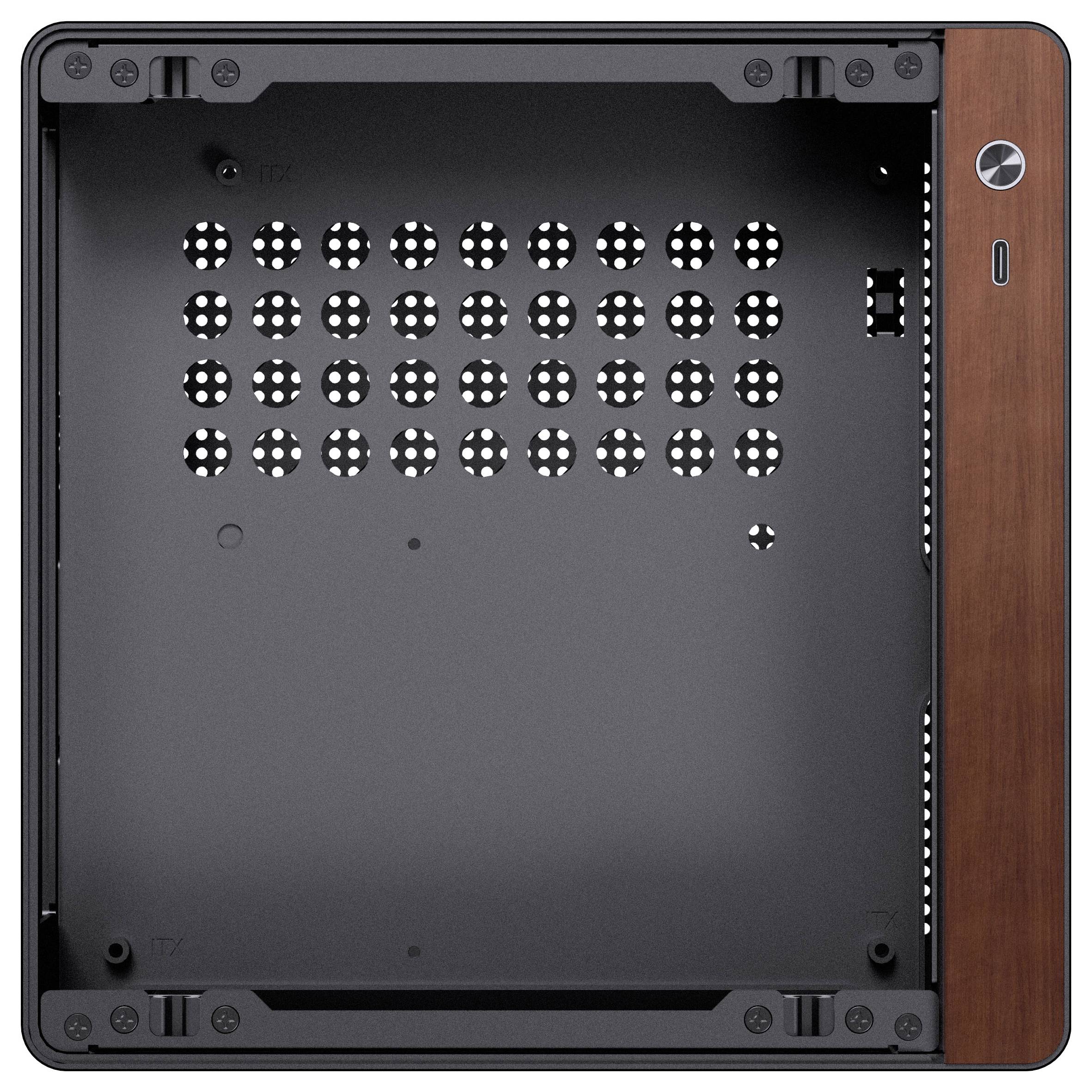 Kwadratowa metalowa obudowa komputerowa z drewnianym panelem bocznym, wieloma otworami wentylacyjnymi oraz przyciskiem zasilania po prawej stronie.