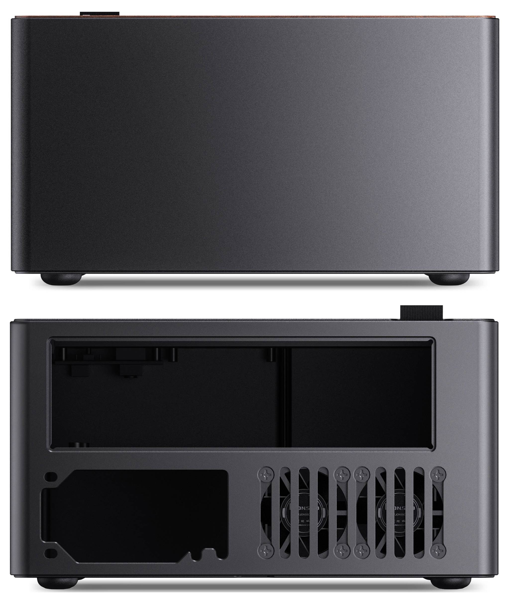 Czarna obudowa komputera pokazana z przodu i z tyłu. Przód jest nieprzezroczysty z gładką powierzchnią. Tył ujawnia otwory wentylacyjne i sloty na komponenty.