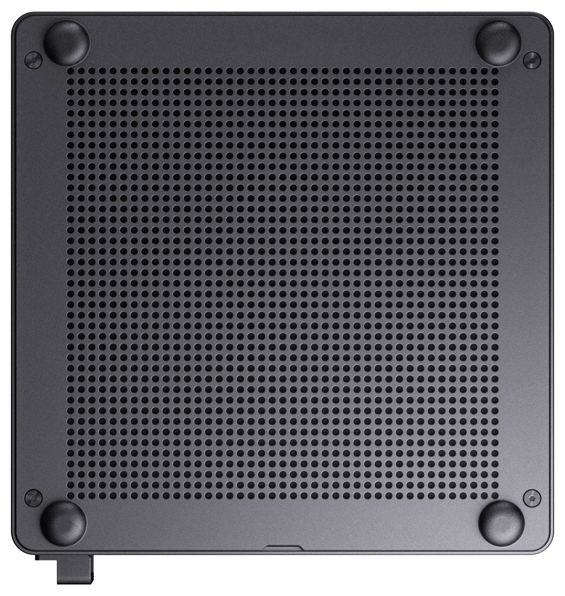 Kwadratowy panel z siatką otworów wentylacyjnych i czterema gumowymi stopkami, prawdopodobnie spód urządzenia elektronicznego lub komputera.