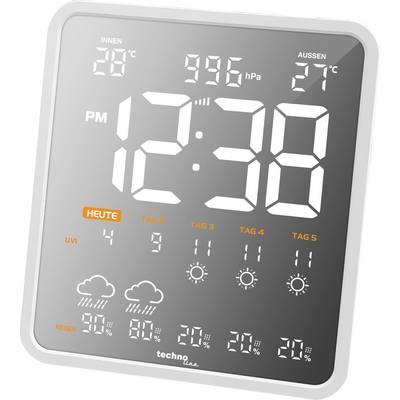 Wyświetlacz stacji meteorologicznej pokazujący godzinę '12:38 PM', temperaturę wewnętrzną 28°C, temperaturę zewnętrzną 27°C oraz prognozę pogody z ikonami.