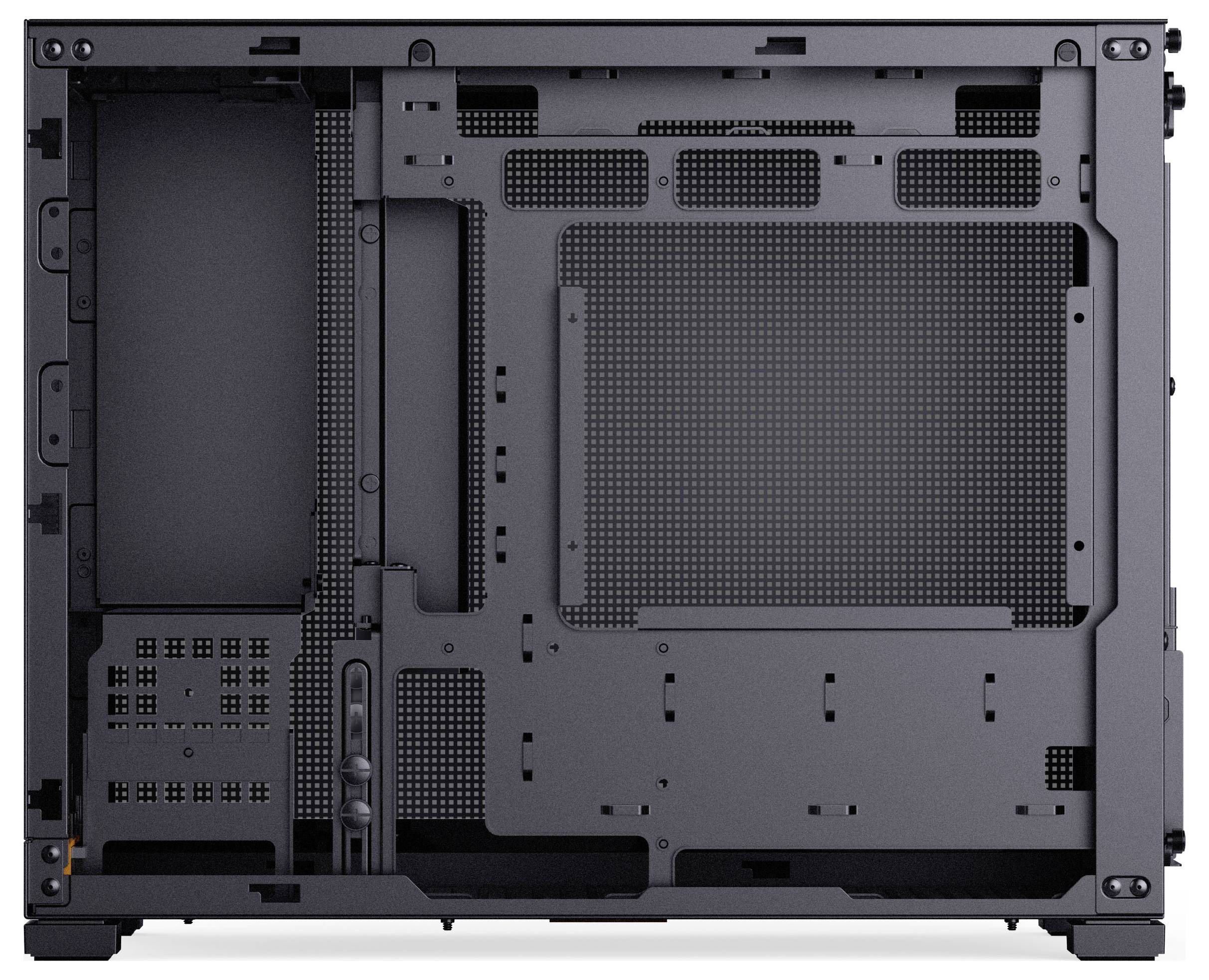Wnętrze pustej obudowy komputerowej pokazujące punkty montażowe i przestrzenie do prowadzenia przewodów.