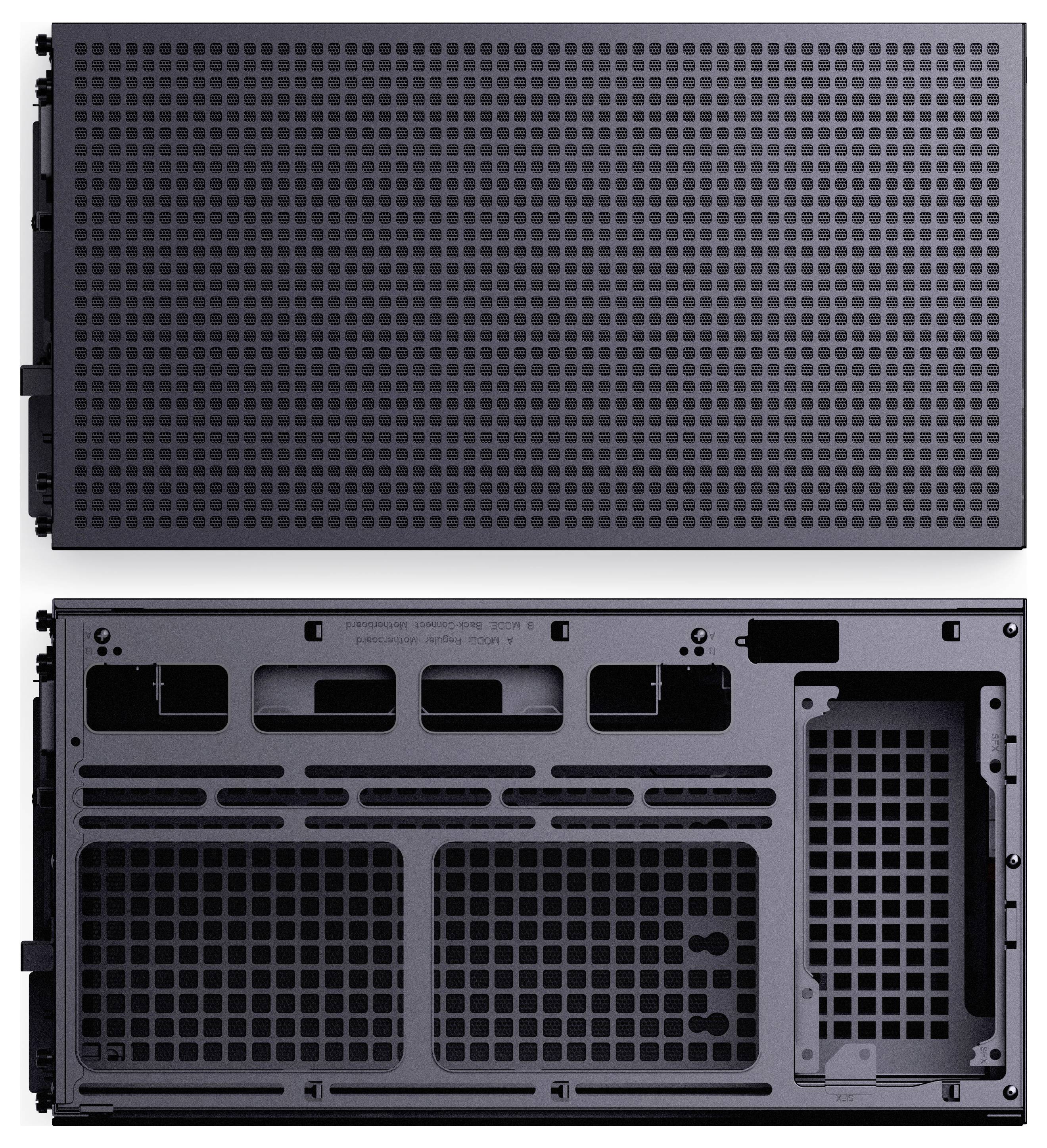 Górne zdjęcie: Widok z przodu perforowanej osłony urządzenia elektronicznego z małymi kwadratowymi otworami. Dolne zdjęcie: Widok wewnętrzny, ukazujący pustą komorę z kratkami wentylacyjnymi.