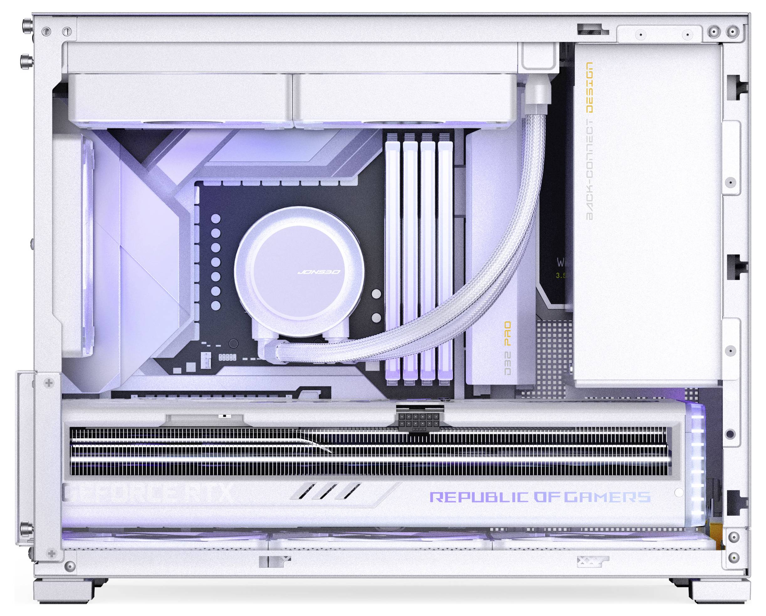 Komputer do gier z odkręconą boczną pokrywą, prezentujących komponenty takie jak karta graficzna 'GeForce RTX', system chłodzenia cieczowego oraz markowe podzespoły.