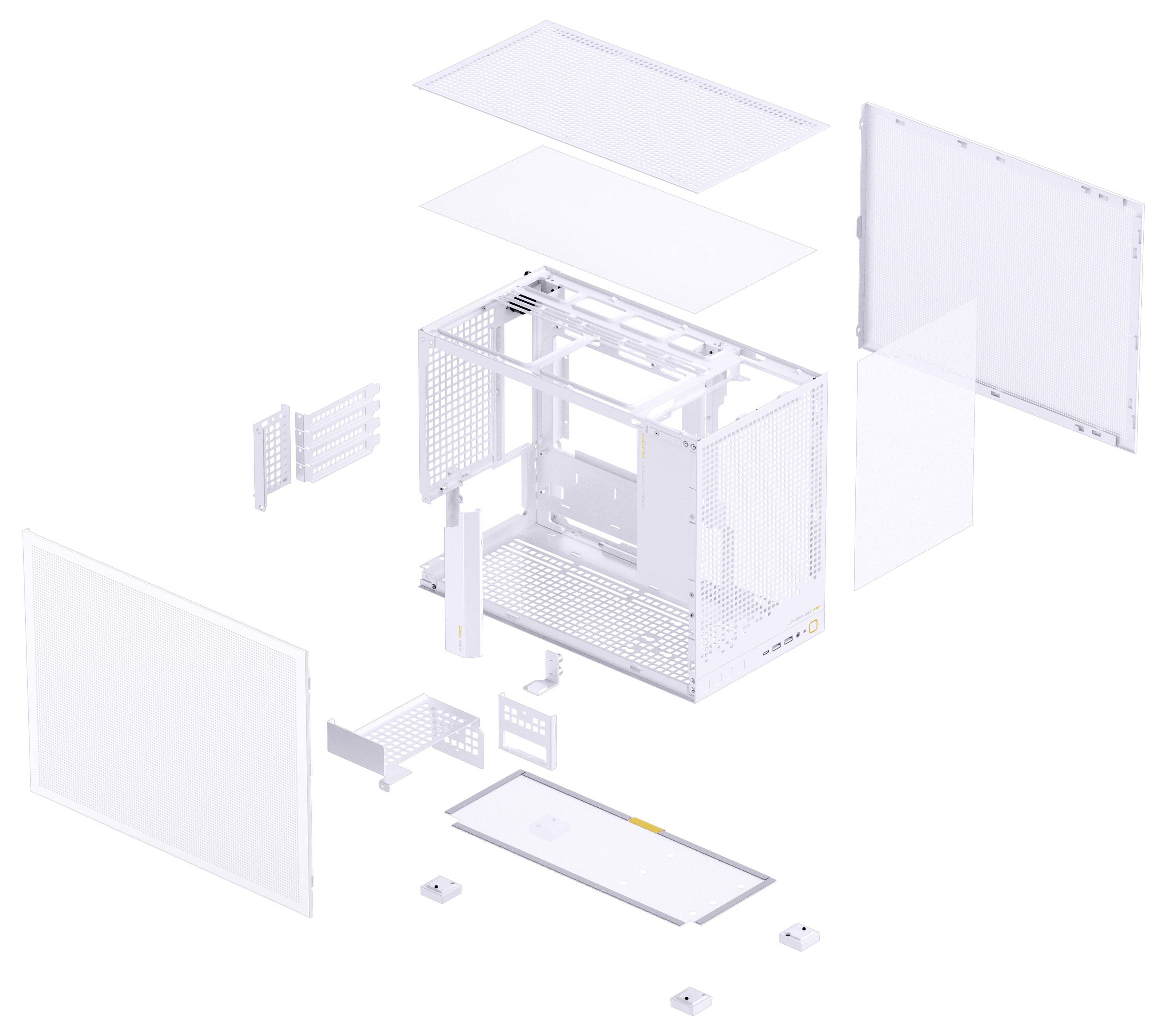 Widok rozłożony białej obudowy komputera przedstawiający wszystkie osobne panele i komponenty, ilustrujące sposób ich wzajemnego dopasowania podczas montażu.