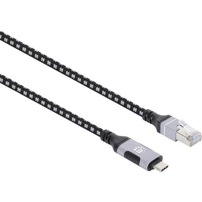 Czarny pleciony kabel sieciowy z złączem USB-C z jednej strony i złączem Ethernet z drugiej, używany do uzyskiwania dostępu do szybkiego internetu.