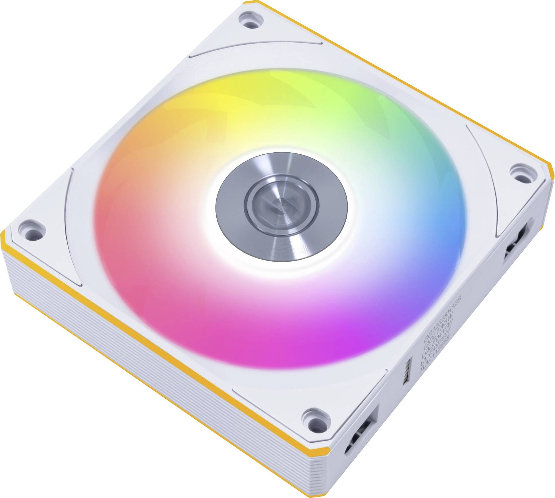 Wentylator komputerowy z wielokolorowymi diodami LED, przeważnie prezentujący gradient barw od pomarańczowego, przez żółty, aż po różowy.