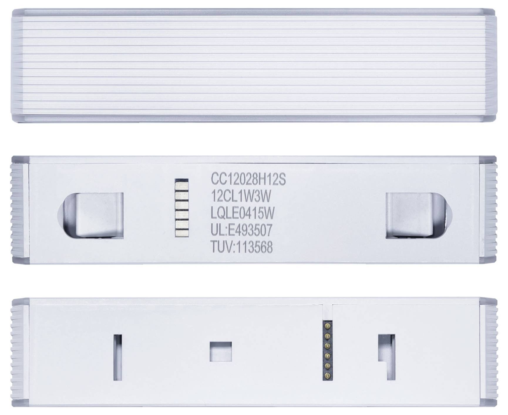 Trzy widoki prostokątnego, szarego urządzenia elektronicznego z diodami LED i numerami identyfikacyjnymi wydrukowanymi na jednej ze stron.