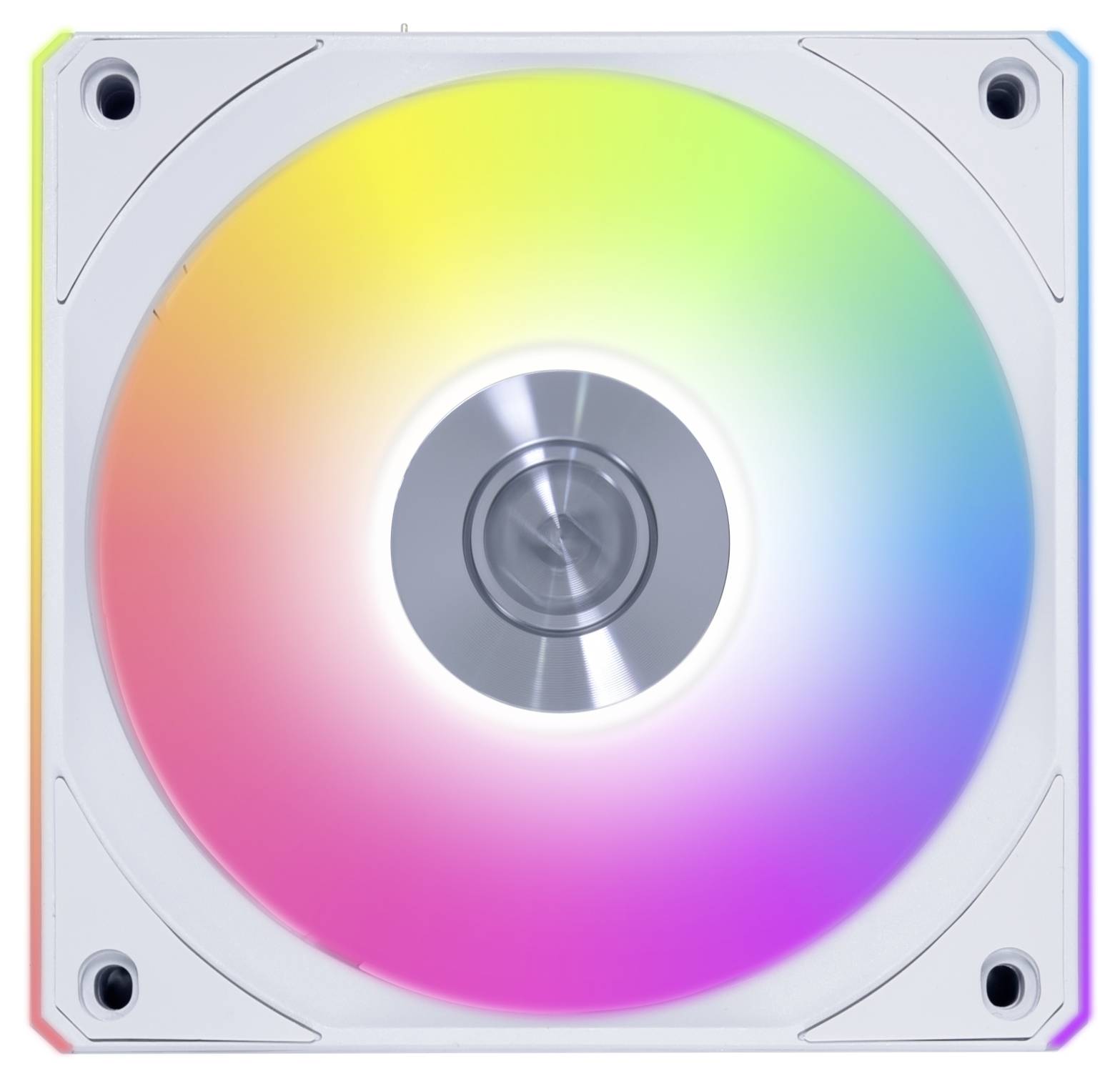 Wentylator komputerowy z wielokolorowym oświetleniem LED, wyświetlającym pełne spektrum kolorów od czerwonego do niebieskiego, umieszczony w białej obudowie.