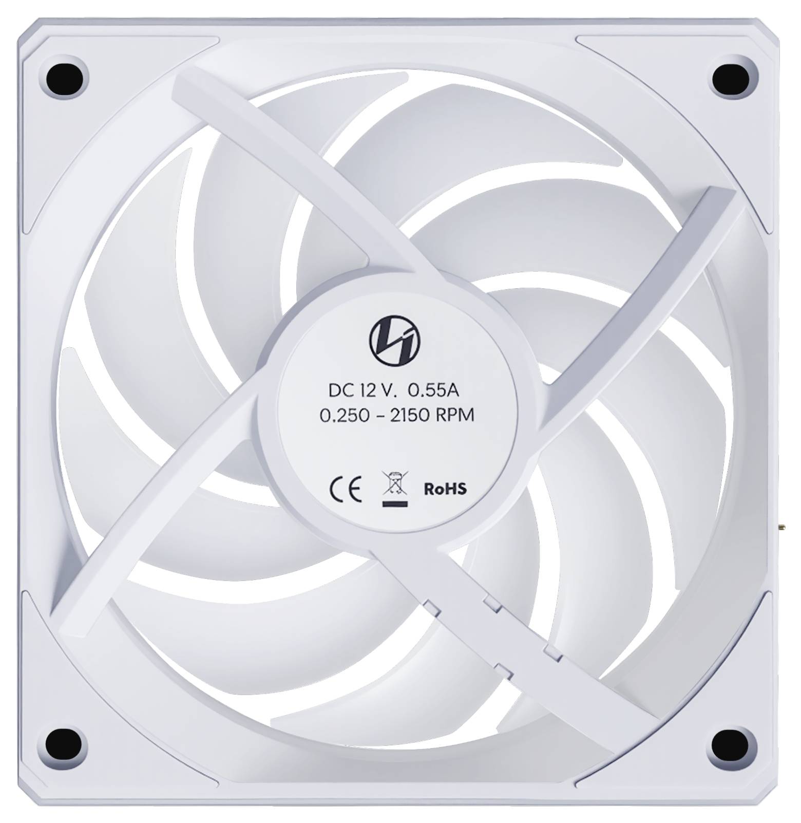 Kwadratowy wentylator komputerowy z białą konstrukcją łopatek, oznaczony specyfikacjami zasilania: 'DC 12V, 0,55A, 0,250 - 2150 obr./min' oraz certyfikatami.