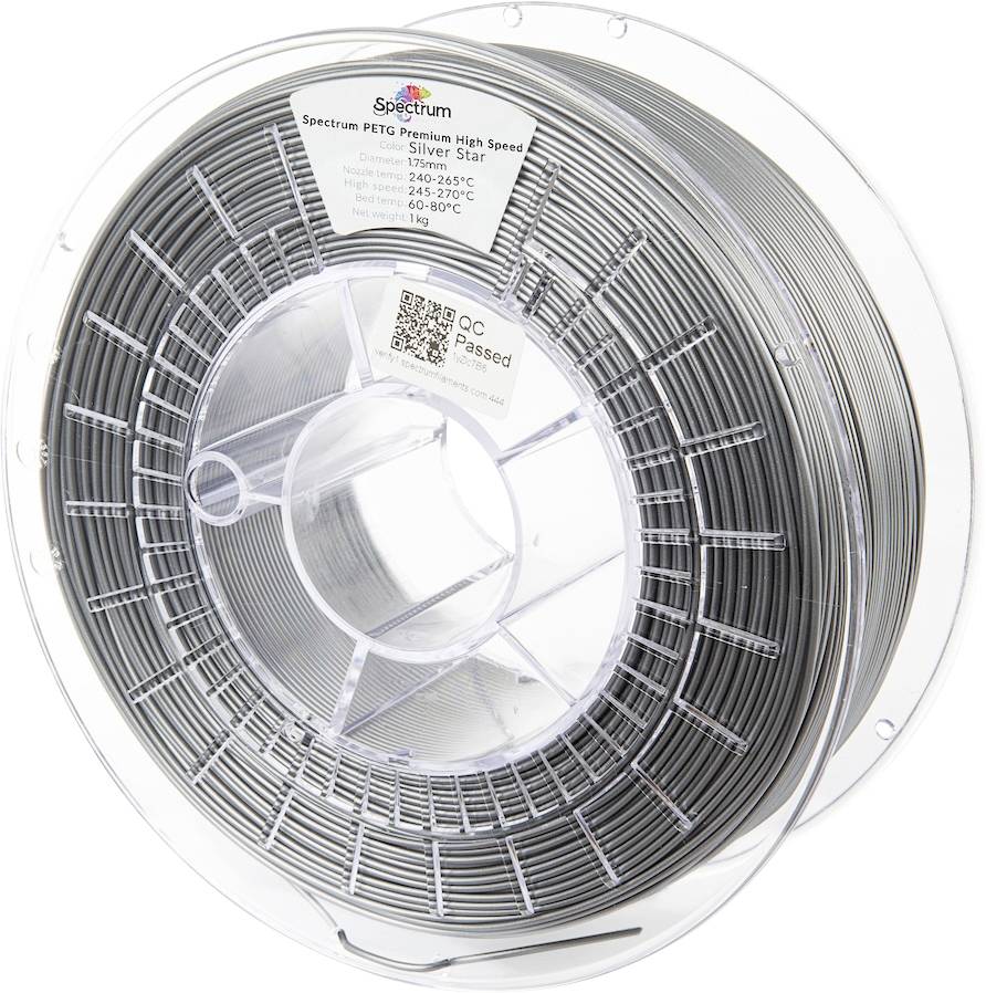 Rolka szarego filamentu do drukarki 3D oznaczona jako 'Spectrum PETG Premium High Speed Silver Star', o wadze 1 kg, z informacjami o temperaturze i kodem QR.