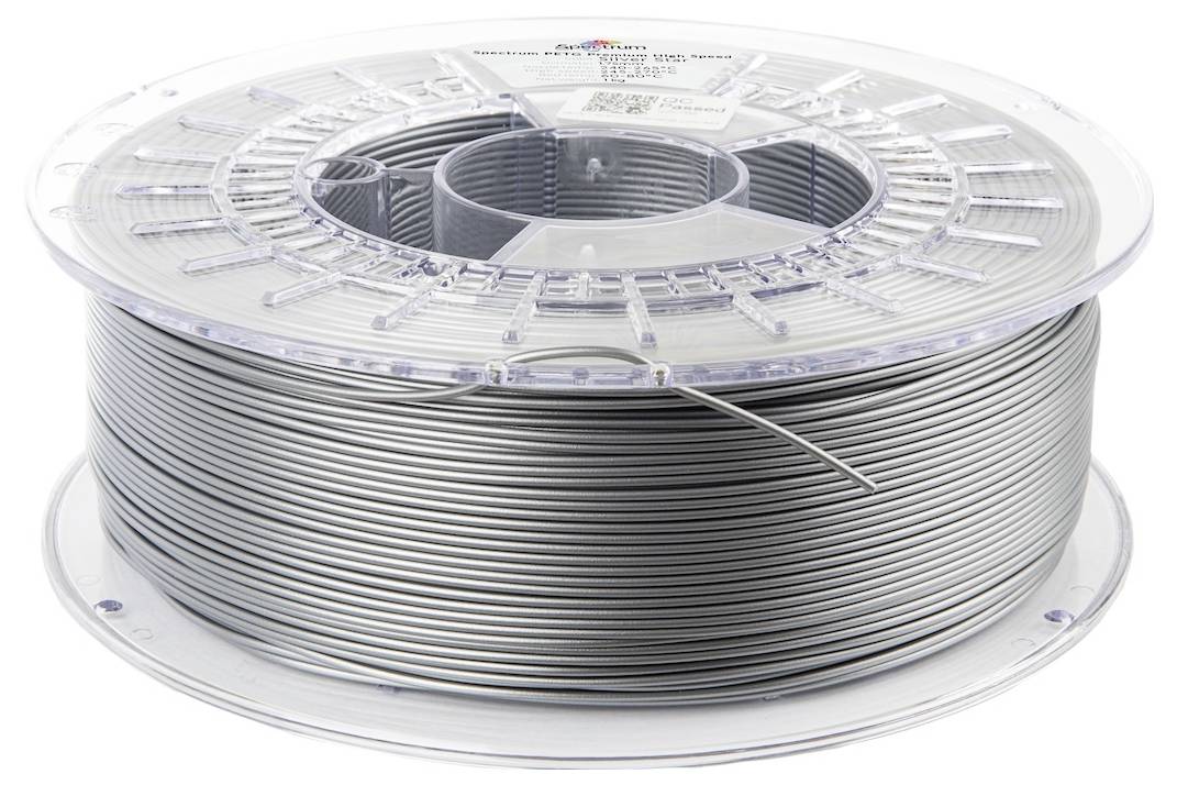 Przezroczysta szpula srebrnego filamentu do drukarki 3D, starannie nawinięta, oznaczona etykietą 'ZHUOPING'. Szpula posiada podziałkę pomiarową i centralny rdzeń.