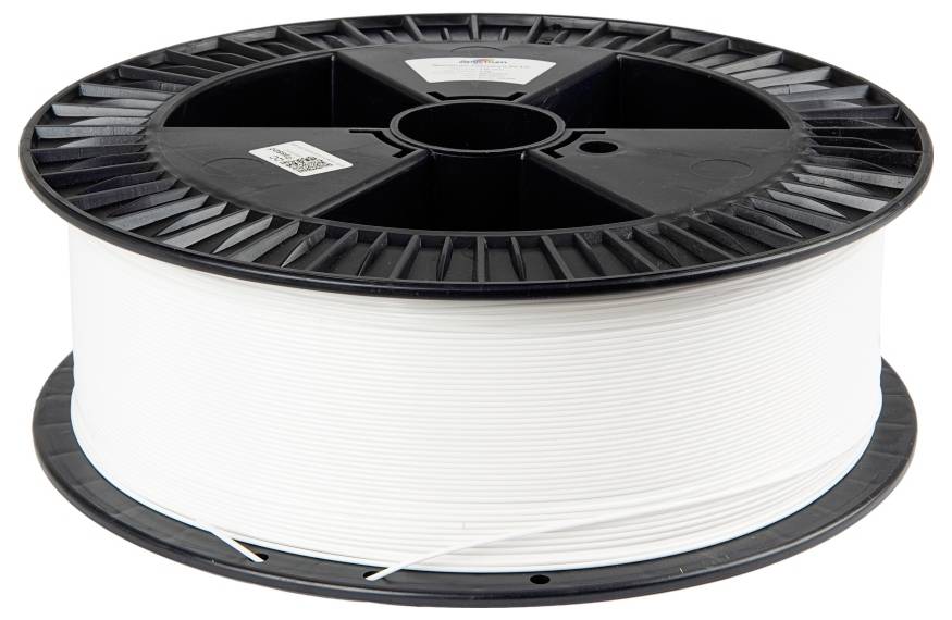 Szpula białego filamentu do drukarki 3D, starannie zwinięta, spoczywa na czarnej, okrągłej szpuli. Przeznaczona do druku 3D, charakteryzuje się gładkim wykończeniem.