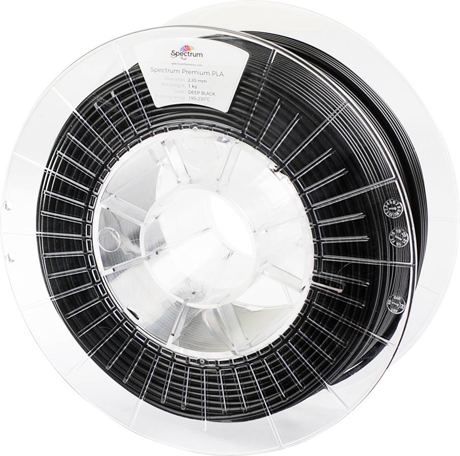 Szpula Spectrum Premium PLA 1,75 mm w głębokiej czerni, używana do druku 3D, z widoczną etykietą produktu i przezroczystym opakowaniem plastikowym.