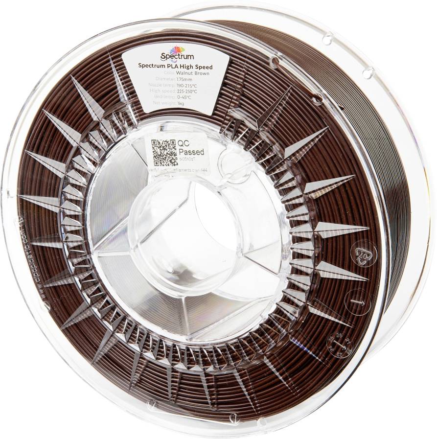 Szpula filamentu Spectrum PLA High Speed w kolorze brązowym drewna, przeznaczonego do druku 3D, z widoczną etykietą zawierającą specyfikację materiału.