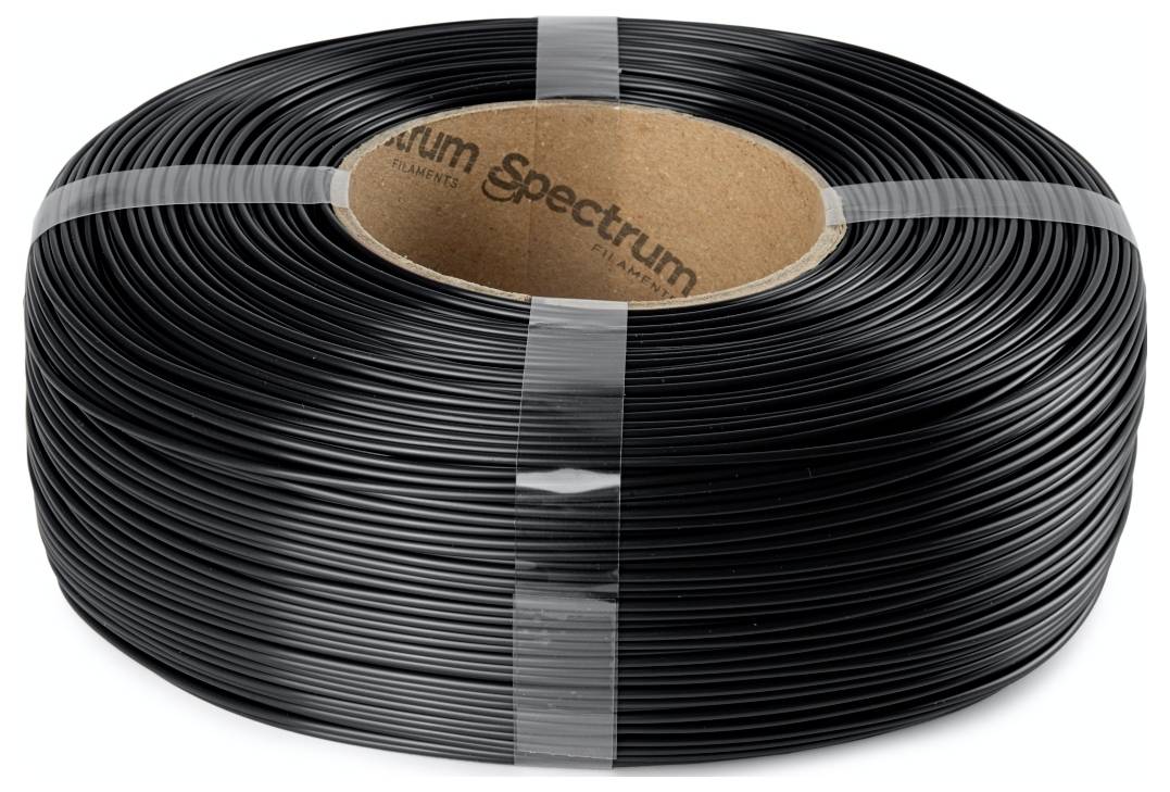 Szpula czarnego filamentu PLA do druku 3D oznaczona etykietą 'eSpectruM', nawinięta i zabezpieczona przezroczystą taśmą.