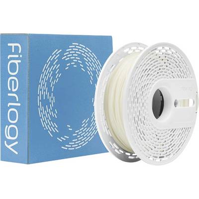 Szpula drukarskiego filamentu obok niebieskiego pudełka Fiberlogy, prezentująca opakowanie i produkt marki.