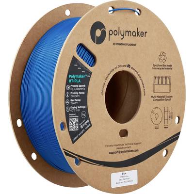 Szpula niebskiego filamentu drukarskiego 3D Polymaker HT-PLA, pokazująca kartonową szpulę, logo marki oraz specyfikacje drukowania takie jak prędkość i temperatura.