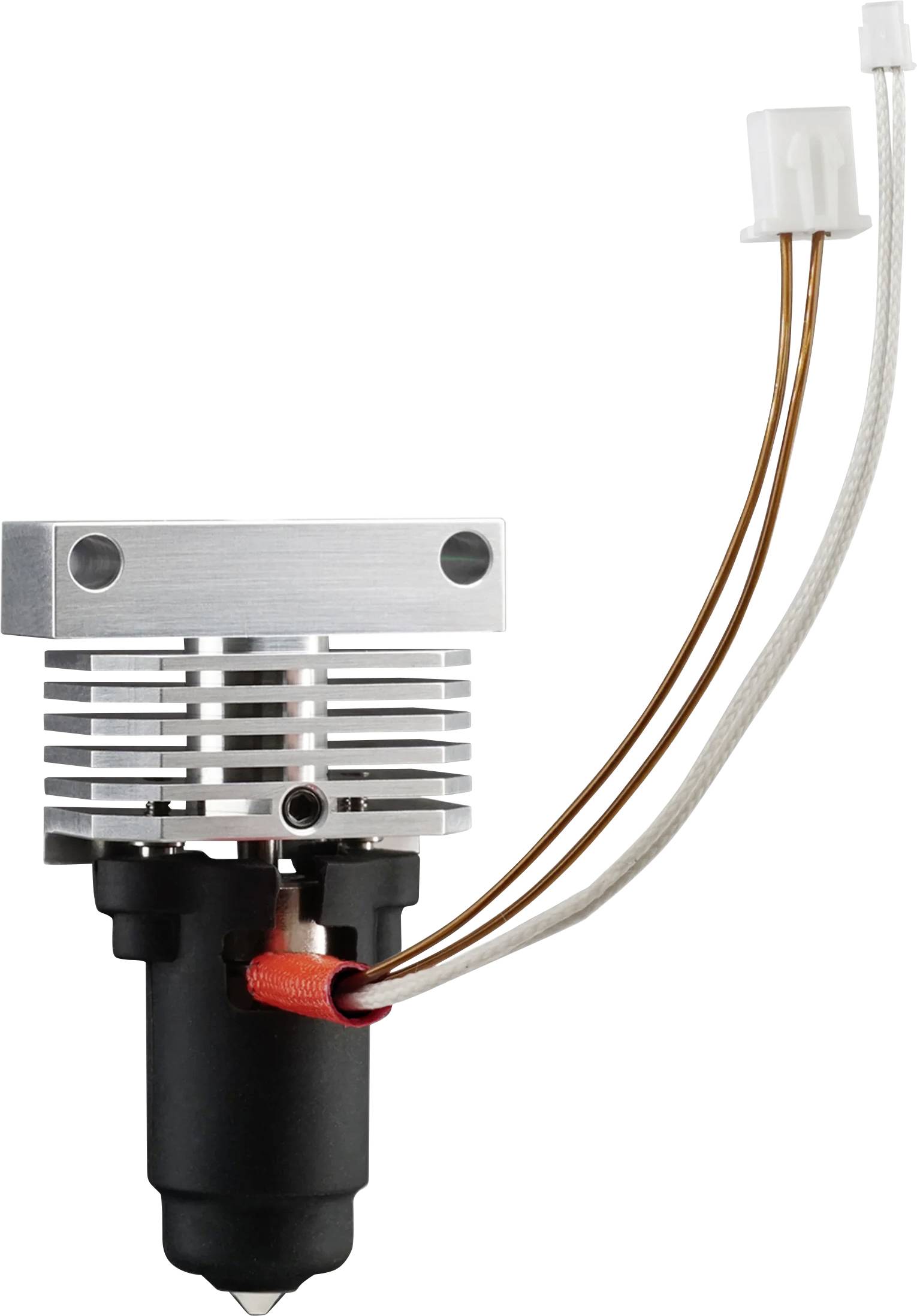 Metalowa głowica drukarki 3D z żeberkami chłodzącymi, dyszą do filamentu i przewodami połączeniowymi, używana do precyzyjnego wytłaczania tworzywa sztucznego w druku 3D.