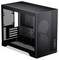 Czarna obudowa komputerowa z siateczkowym panelem bocznym i frontem, prezentująca dwa duże mocowania wentylatorów oraz liczne wewnętrzne sloty na komponenty.