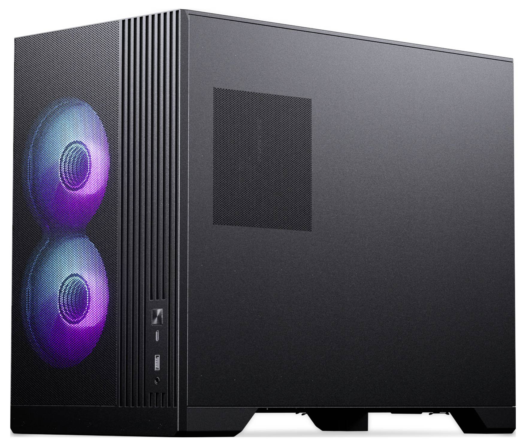 Czarna obudowa komputera z dwoma wentylatorami chłodzącymi skierowanymi do przodu, podświetlonymi niebieskim i fioletowym światłem LED, prezentująca elegancki, nowoczesny design.